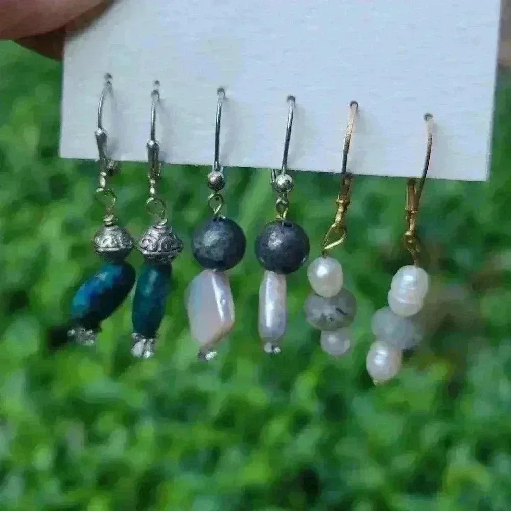 Vintage artisan handcrafted Dangl stones mothers of pearl turquoise earrings lot - Picture 6 of 12